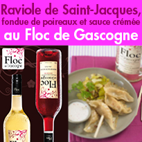 Raviole de Saint-Jacques<br>fondue de poireaux<br>et sauce crémée<br>au Floc de Gascogne blanc