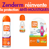 Nouveau<br>Roll-on, lingettes, bracelets...<br>ZENDERM<br>réinvente la protection<br>anti-moustiques