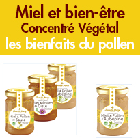 Miels<br>et pollens non séchés bio<br>énergétique<br>vitalisant<br>dynamisant<br>apaisant
